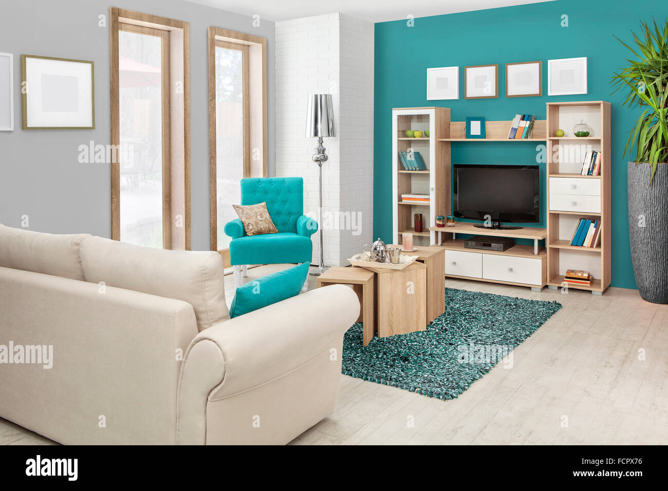 Interior of a modern living room in color Stock Photo