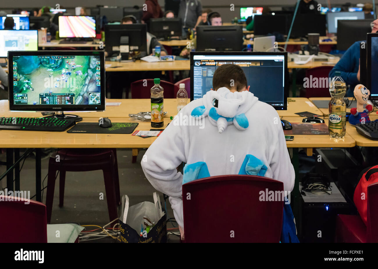 A dressed up computer game player before a cosplay (costume play) tournament at NetGame 2015, Switzerland's largest LAN party. Stock Photo