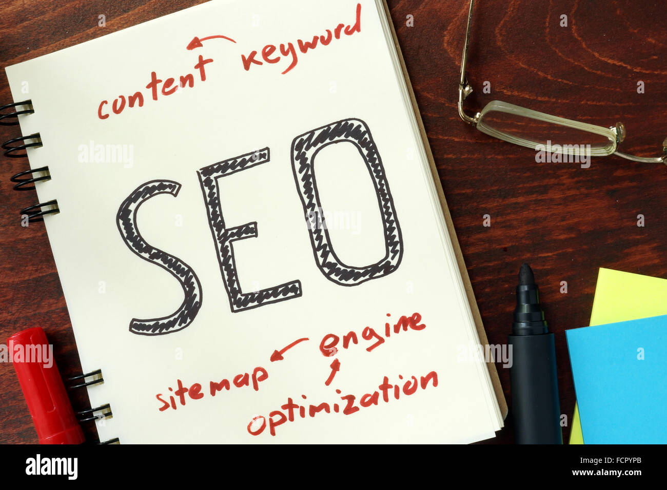 Words SEO (search engine optimization) written in the notepad. Stock Photo