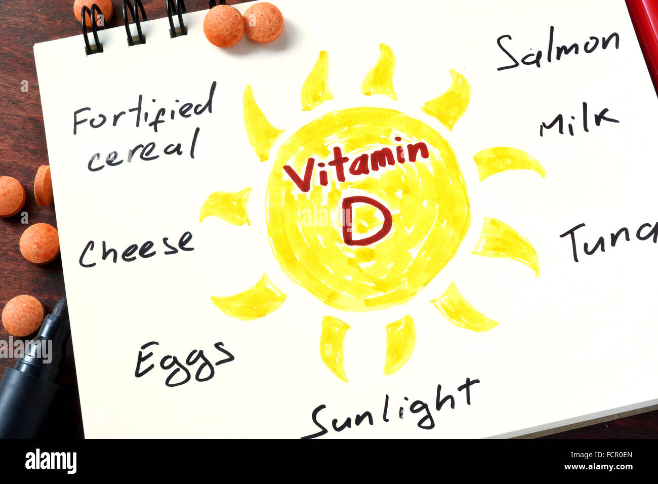 Notepad with vitamin d  and pills on the table. Stock Photo