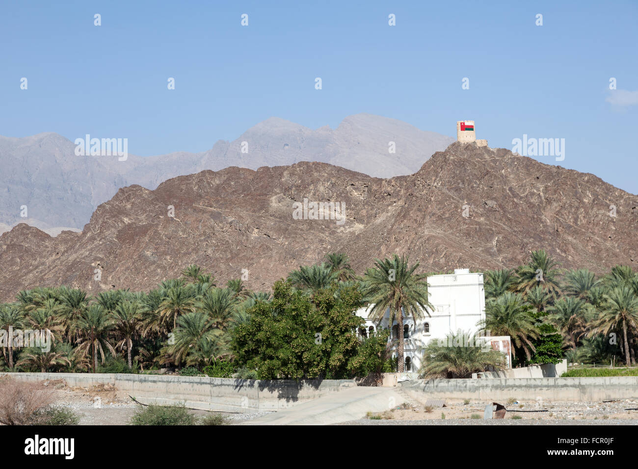 The Hajjar mountains rise behind an oasis with palm trees in Oman, Middle East Stock Photo