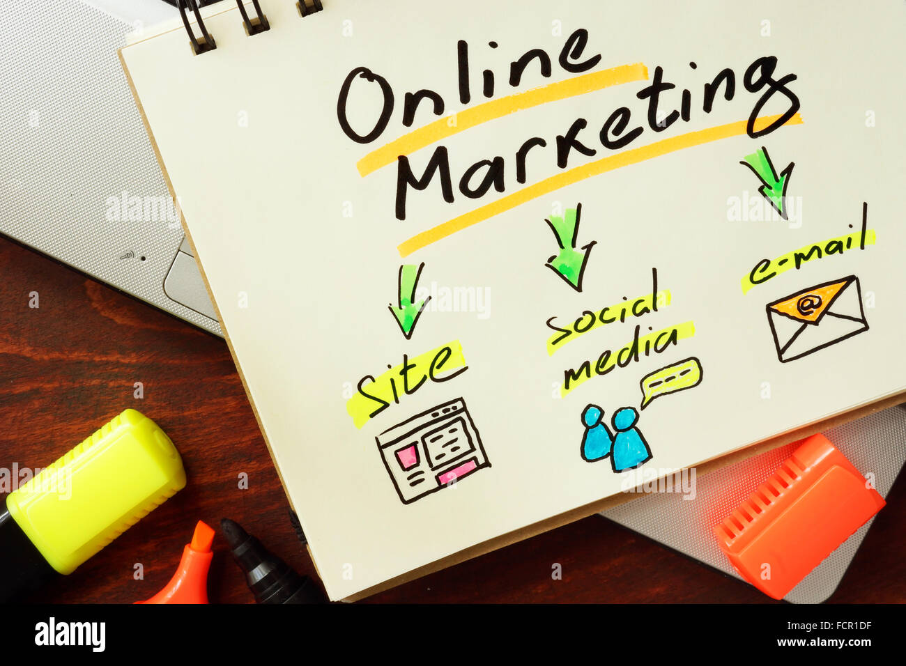 Notepad with online marketing on the wooden table. Stock Photo