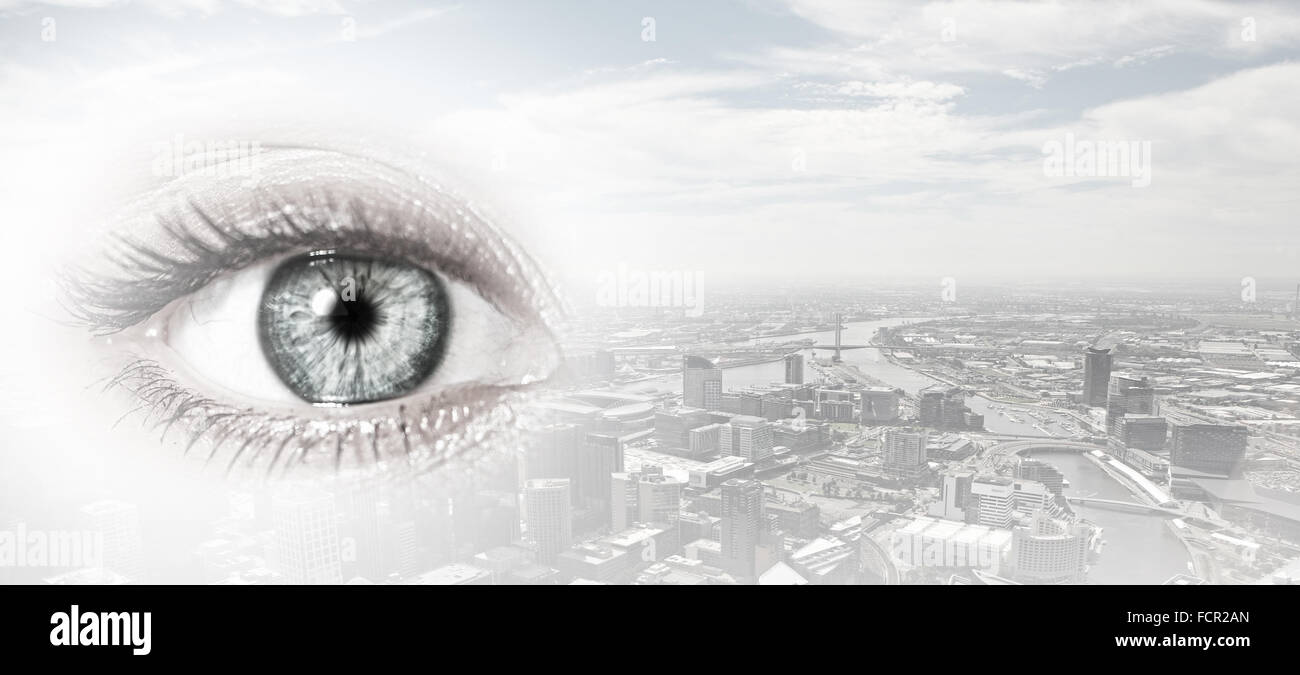 Bird eye view of modern city with human female eye Stock Photo - Alamy