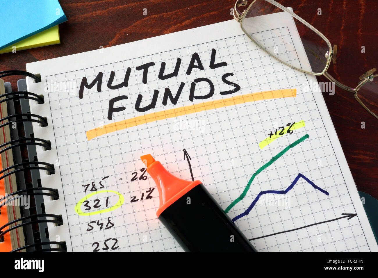 Notebook with  mutual funds sign on a table. Business concept. Stock Photo