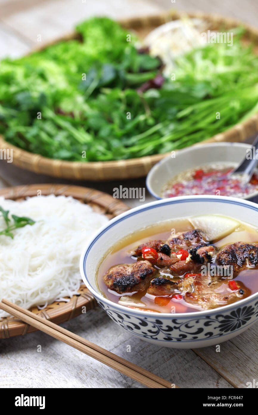 bun cha, grilled pork rice noodles and herbs, vietnamese cuisine Stock