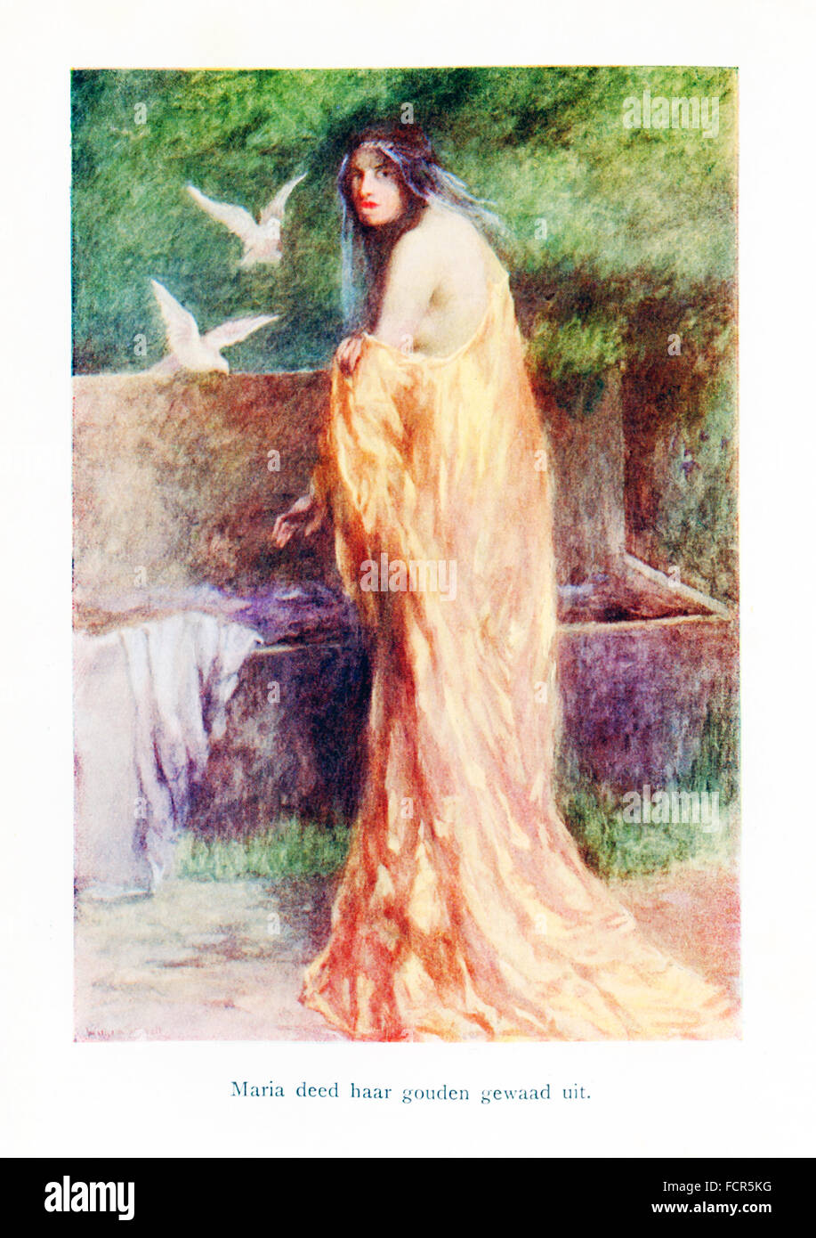 The caption for this illustration reads: Marra takes off her golden dress. Marra is the Cinderella of Serbian myth. Her mother who had been changed into a cow protected her from her stepmother. The golden silk dress is from her mother and she would take it off each time she returned from church on Sunday. Marra is also referred to as Pepelyouga. The illustration is from a 1921 book on Serbian myths and legends. Stock Photo