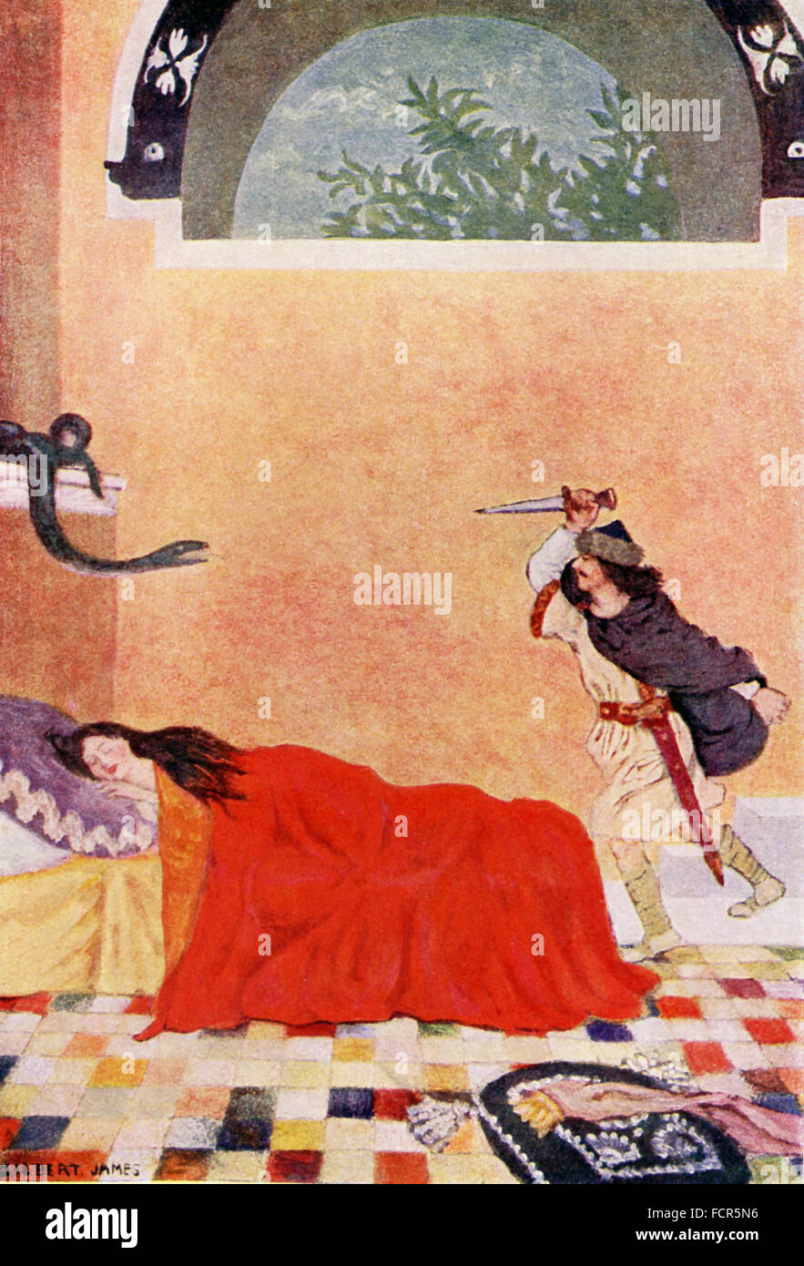 The caption for this illustration reads: He was horrified to see a snake on the wall. This tale involves a mean monster named Bash Tchelik, which means 'real steel'). He terrorized the area and had taken wives of three princes. This illustration shows the youngest rince saving a princess from being killed by a serpent. The princess had been locked in a tower to keep her from Bash Tchelik. The  youngest prince managed to outwit Bash Tchelik by finding out the secret to his power and killed him. The illustration is from a 1921 book on Serbian myths and legends. Stock Photo