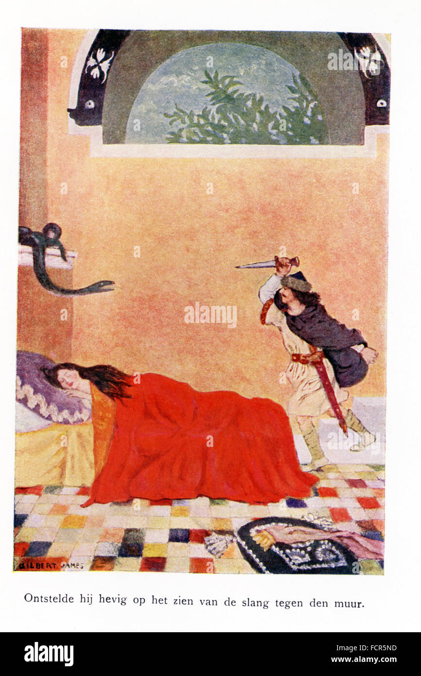 The caption for this illustration reads: He was horrified to see a snake on the wall. This tale involves a mean monster named Bash Tchelik, which means 'real steel'). He terrorized the area and had taken wives of three princes. This illustration shows the youngest rince saving a princess from being killed by a serpent. The princess had been locked in a tower to keep her from Bash Tchelik. The  youngest prince managed to outwit Bash Tchelik by finding out the secret to his power and killed him. The illustration is from a 1921 book on Serbian myths and legends. Stock Photo
