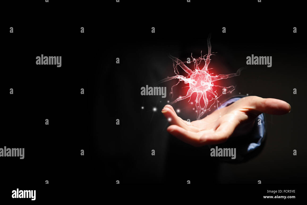 Close up of businessman holding digital image of nerve in palm Stock ...