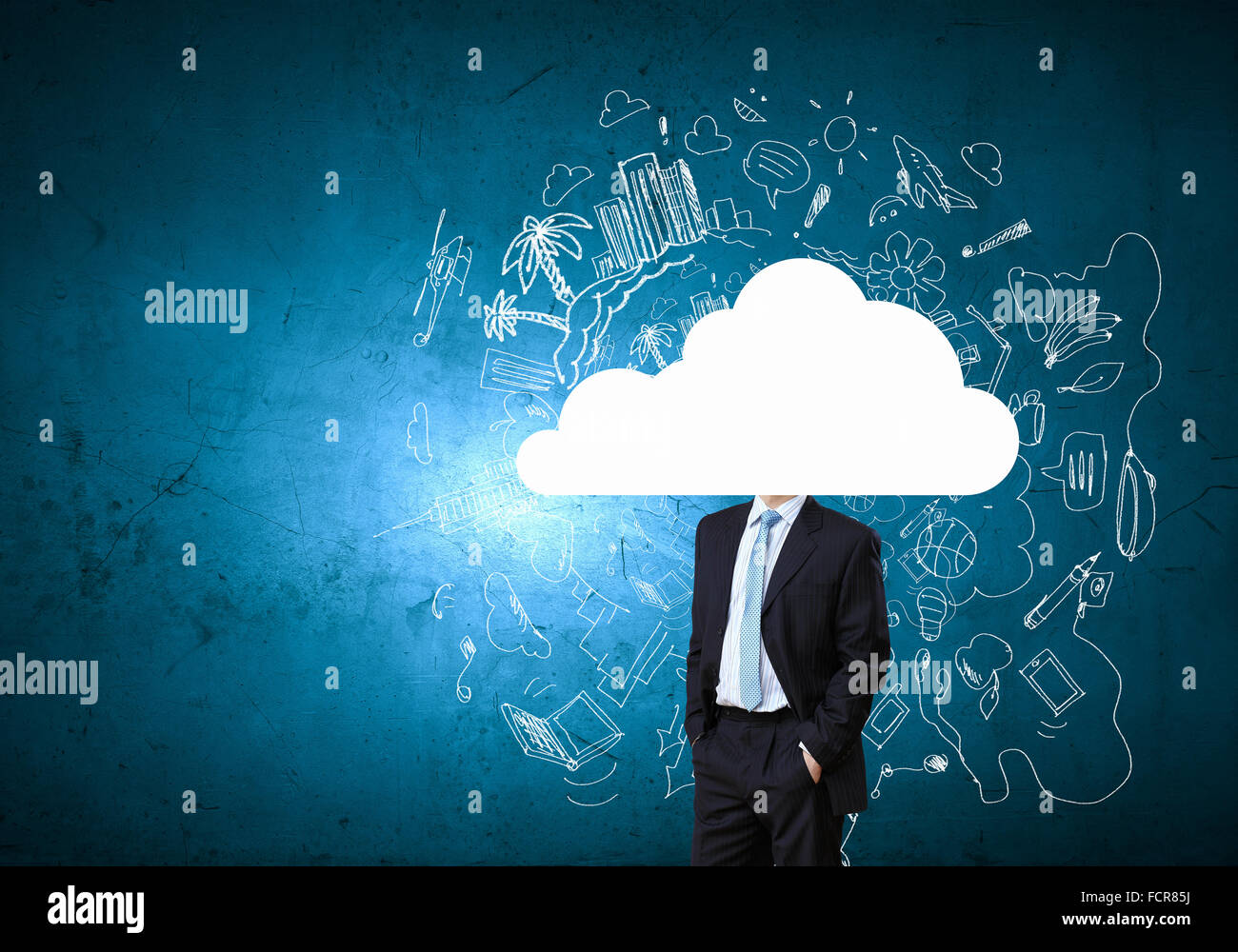 Businessman standing with his head in cloud Stock Photo - Alamy
