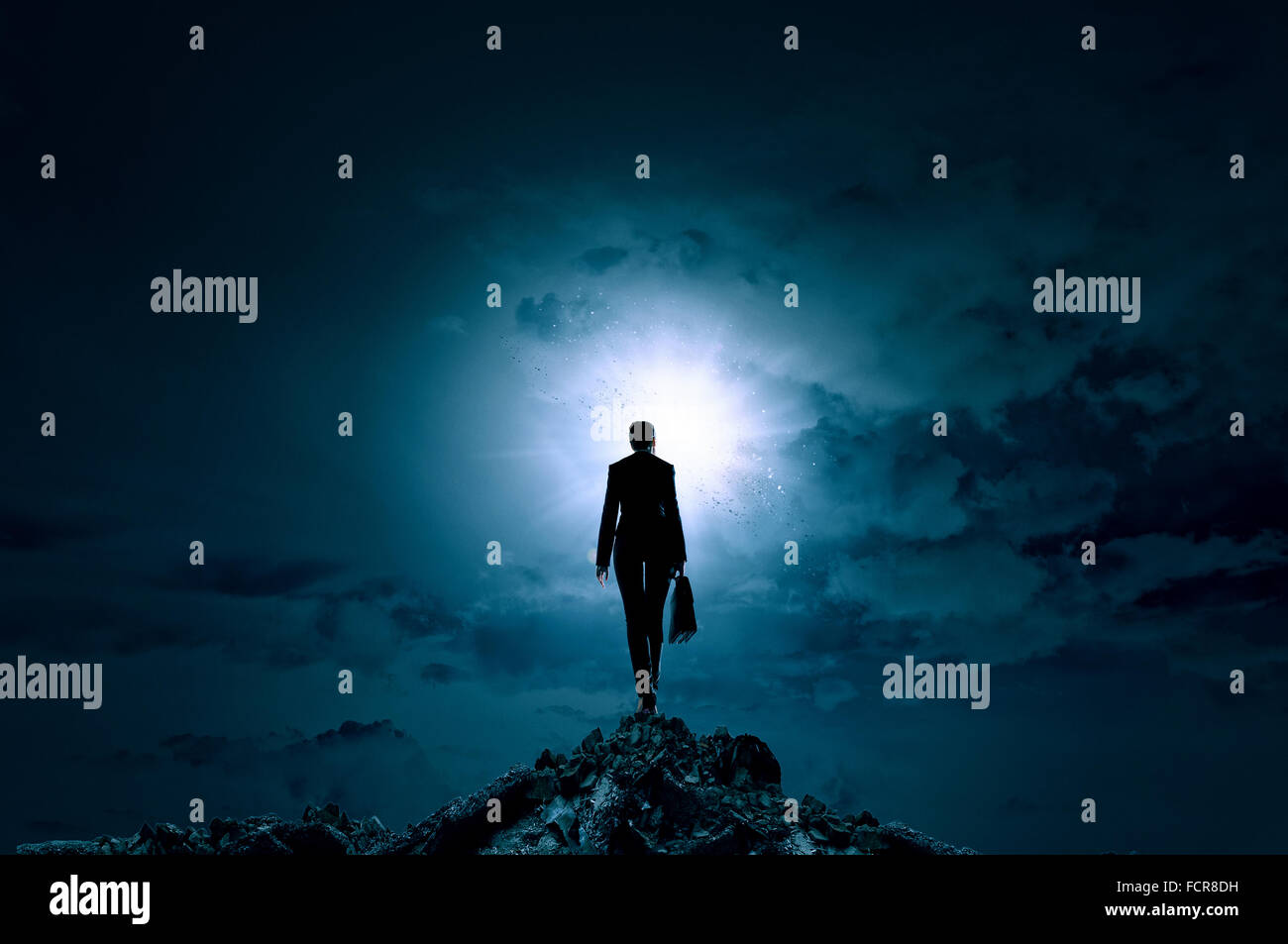 Rear view of businesswoman standing on top and looking in sky Stock ...