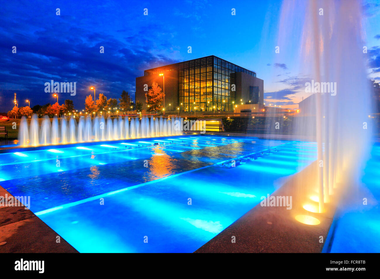 New national library in Zagreb by night with illuminated fountain in front. Stock Photo