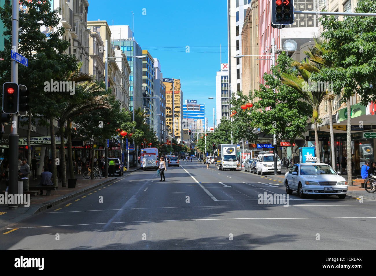 Queen Street in downtown Auckland with red lanterns celebrating the Chinese New Year (2013). Stock Photo