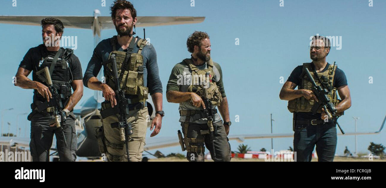 13 HOURS: THE SECRET SOLDIERS OF BENGHAZI  2015 Paramount Pictures film with Pablo Schreiber at left and David Denman Stock Photo