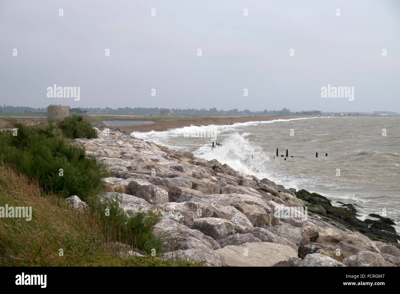 Rock armour protecting the coast at Bawdsey from coastal erosion Stock Photo