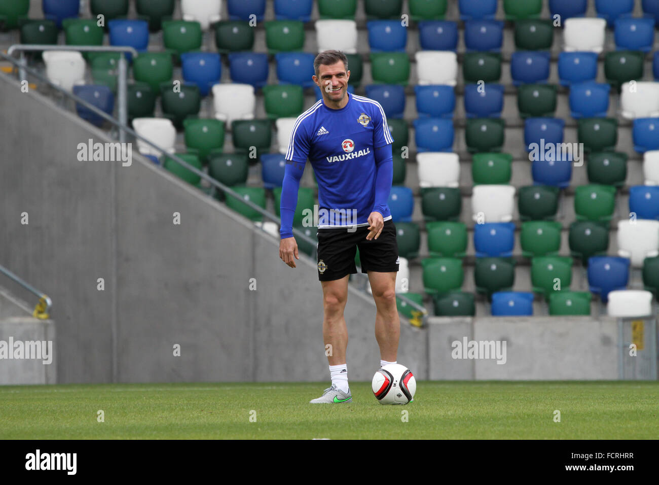 Northern Ireland international Aaron Hughes taking part in a Northern Ireland training session (September 2015) Stock Photo