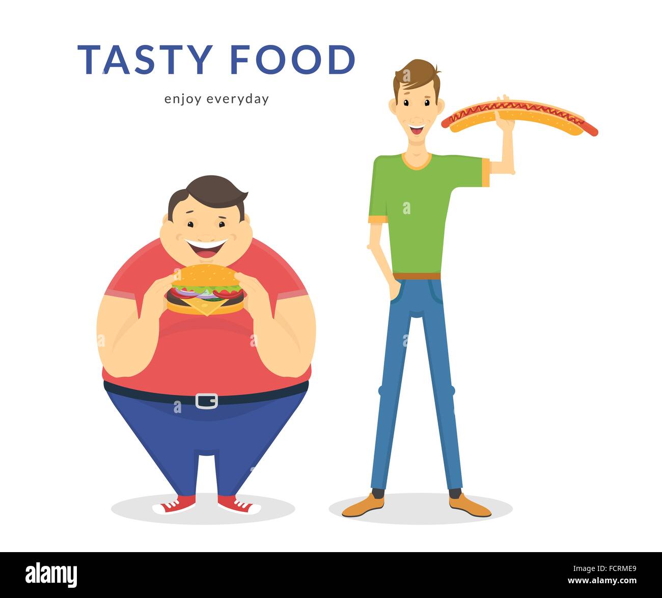 Happy Fat And Thin Men Eating A Big Food Stock Vector Image Art Alamy