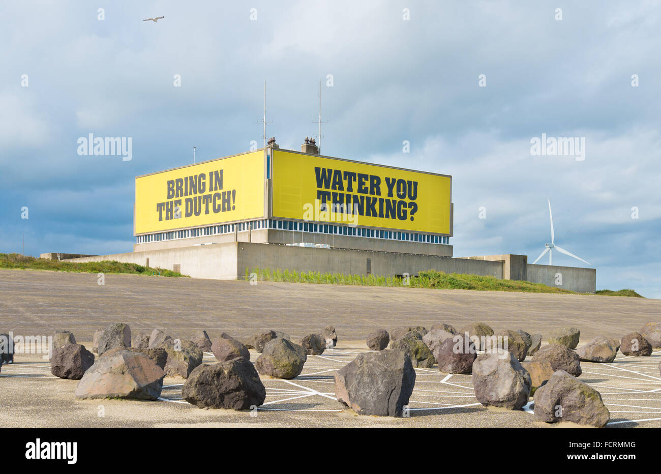 VEERE, NETHERLANDS - JULY 18, 2015: Building with text on the artificial island Neeltje Jans in Zeeland as a remembrance of the Stock Photo