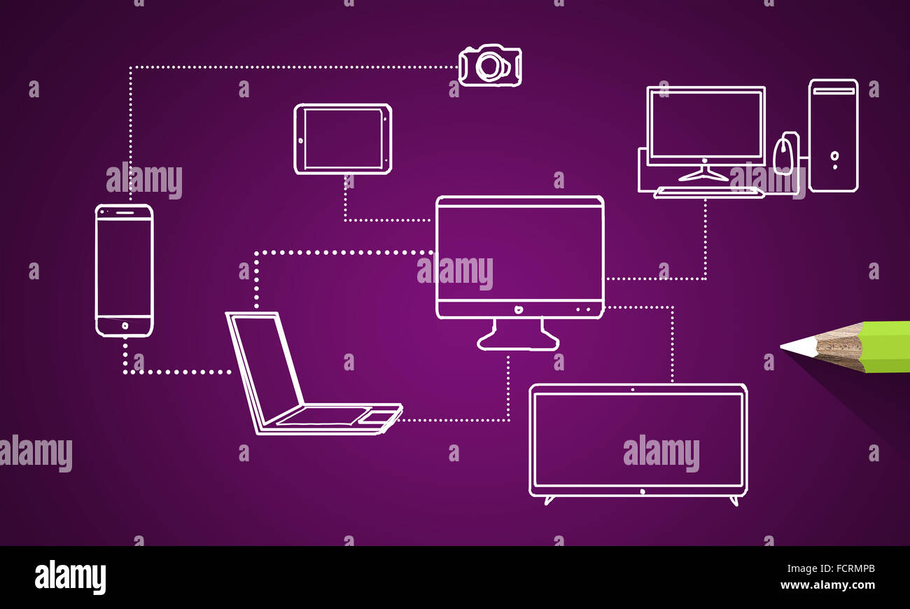 Pencil drawing connection lines between office devices Stock Photo - Alamy