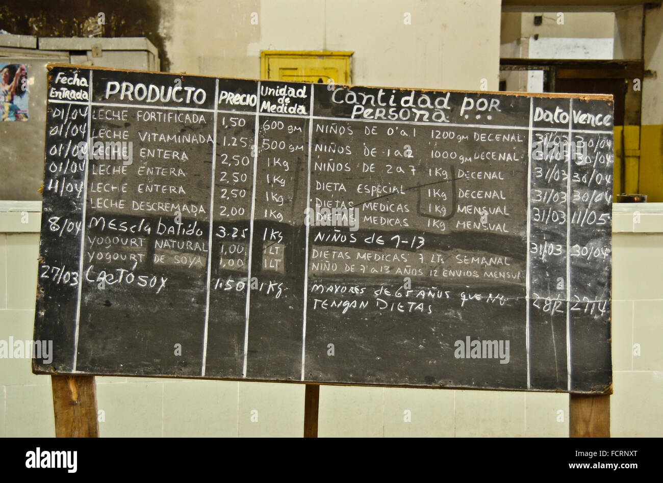 Board listing products for sale at government store (bodega) where ration cards are used, Vedado district, Havana, Cuba Stock Photo