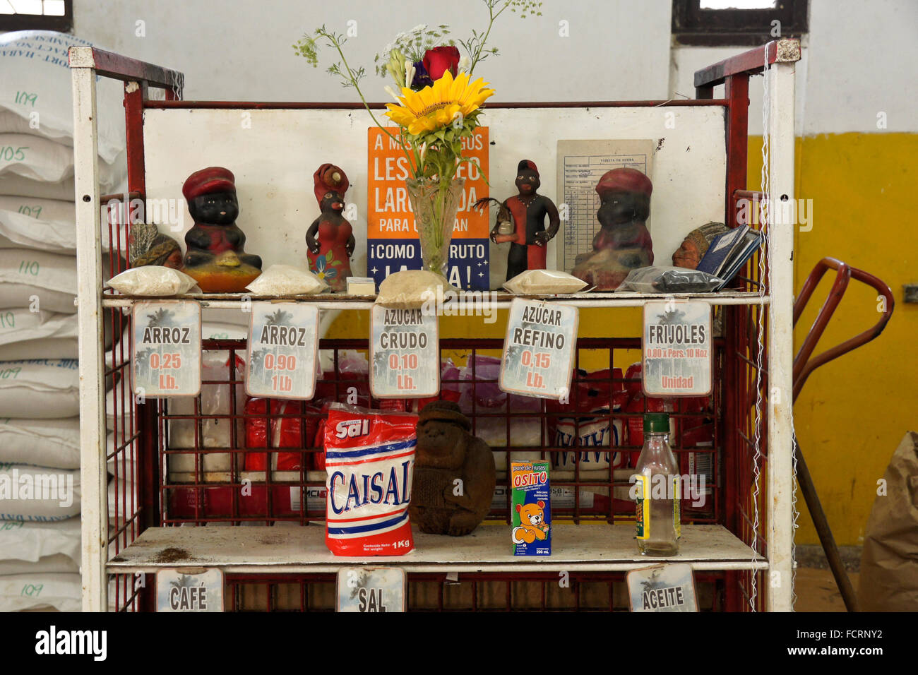 Products for sale at government store (bodega) where ration cards are used, Vedado district, Havana, Cuba Stock Photo