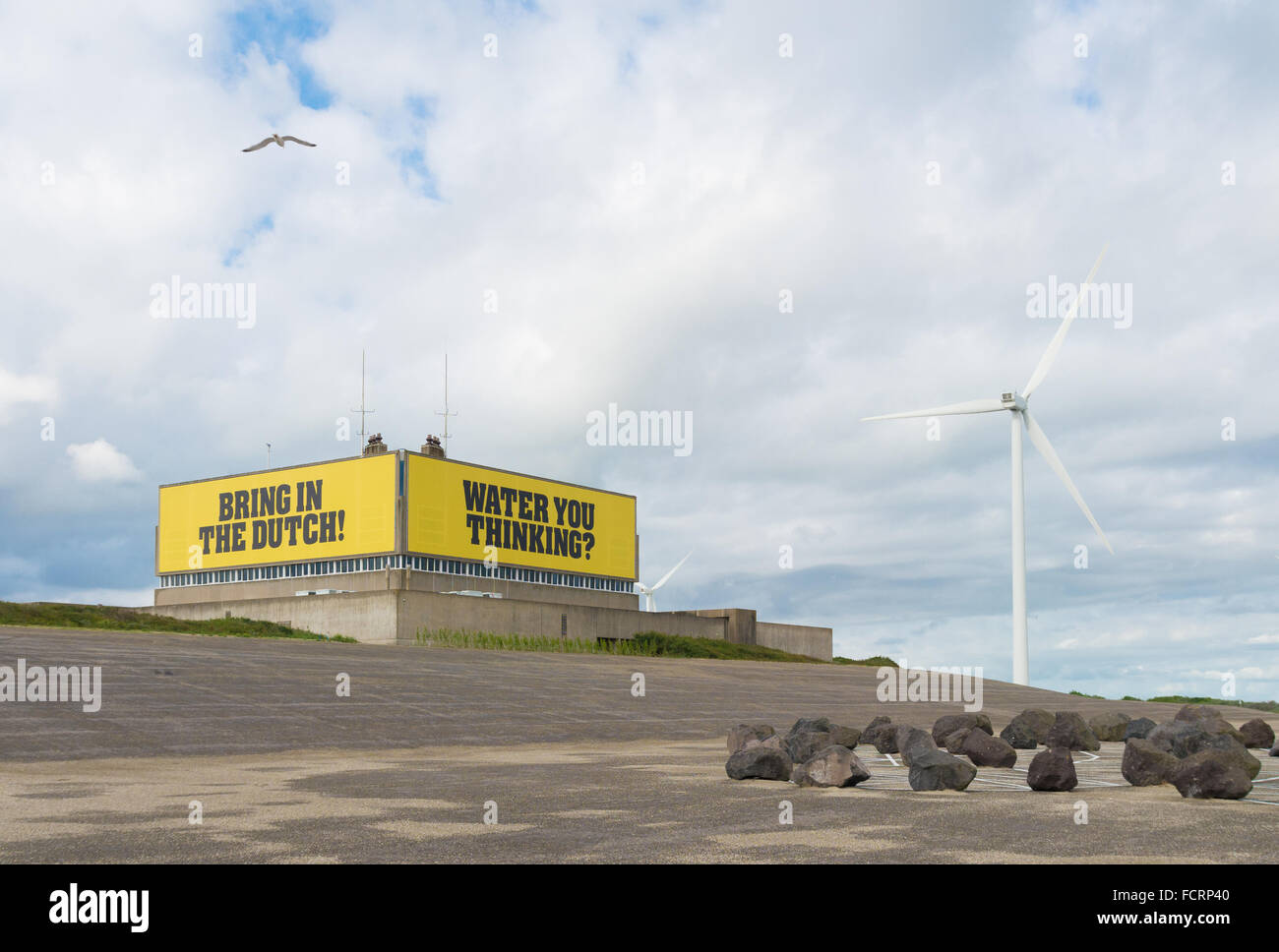 VEERE, NETHERLANDS - JULY 18, 2015: Building with text on the artificial island Neeltje Jans in Zeeland as a remembrance of the Stock Photo