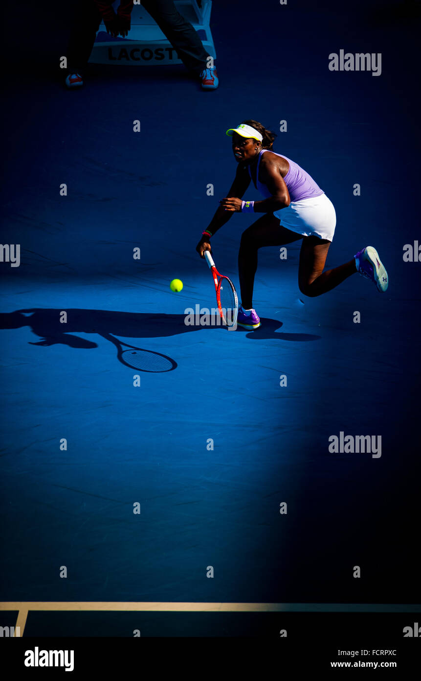 Young American tennis star Sloane Stephens Defeats the veteran womens champion Serena Williams at the 2013 Australian Open. Stock Photo