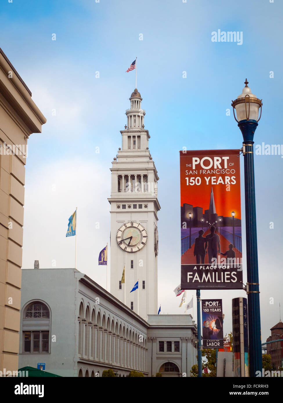 A view of the clock tower of the San Francisco Ferry Building, as seen from the Embarcadero in San Francisco, California. Stock Photo