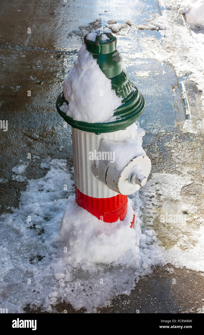 Little Italy fire hydrant in Italian flag colors in winter snow in Little Italy in New York City Stock Photo