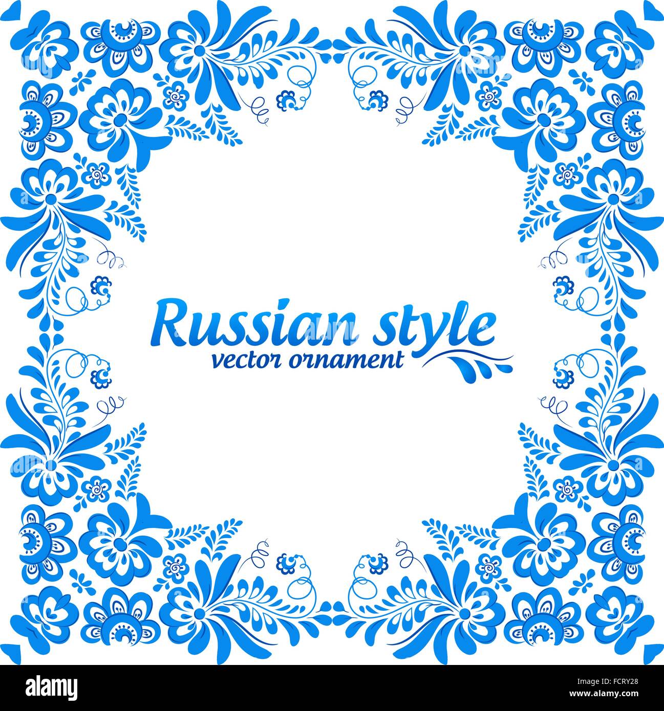 Blue ornamental floral frame in gzhel style Stock Vector