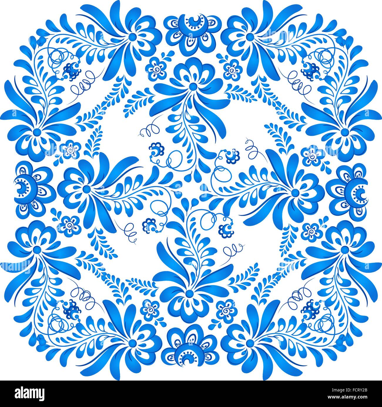 Blue floral ornament in gzhel style Stock Vector