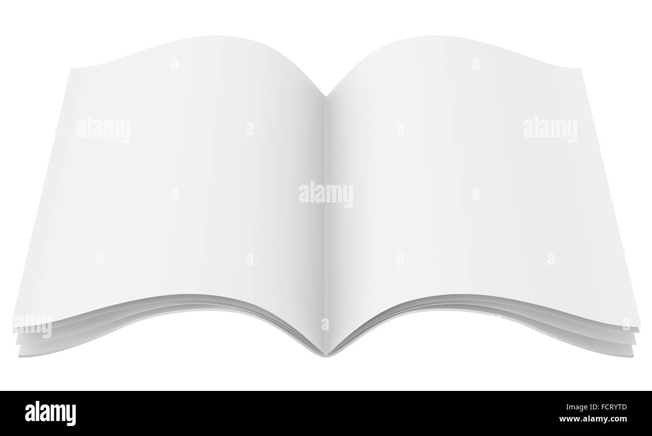 Blank open magazine template on white background with soft shadows. Stock Photo