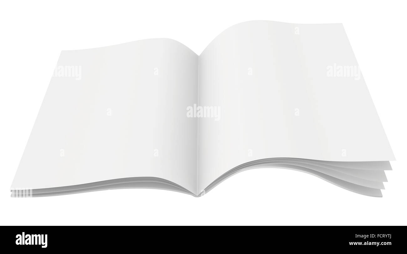 Blank open magazine with unfolded sheets of paper. Stock Photo