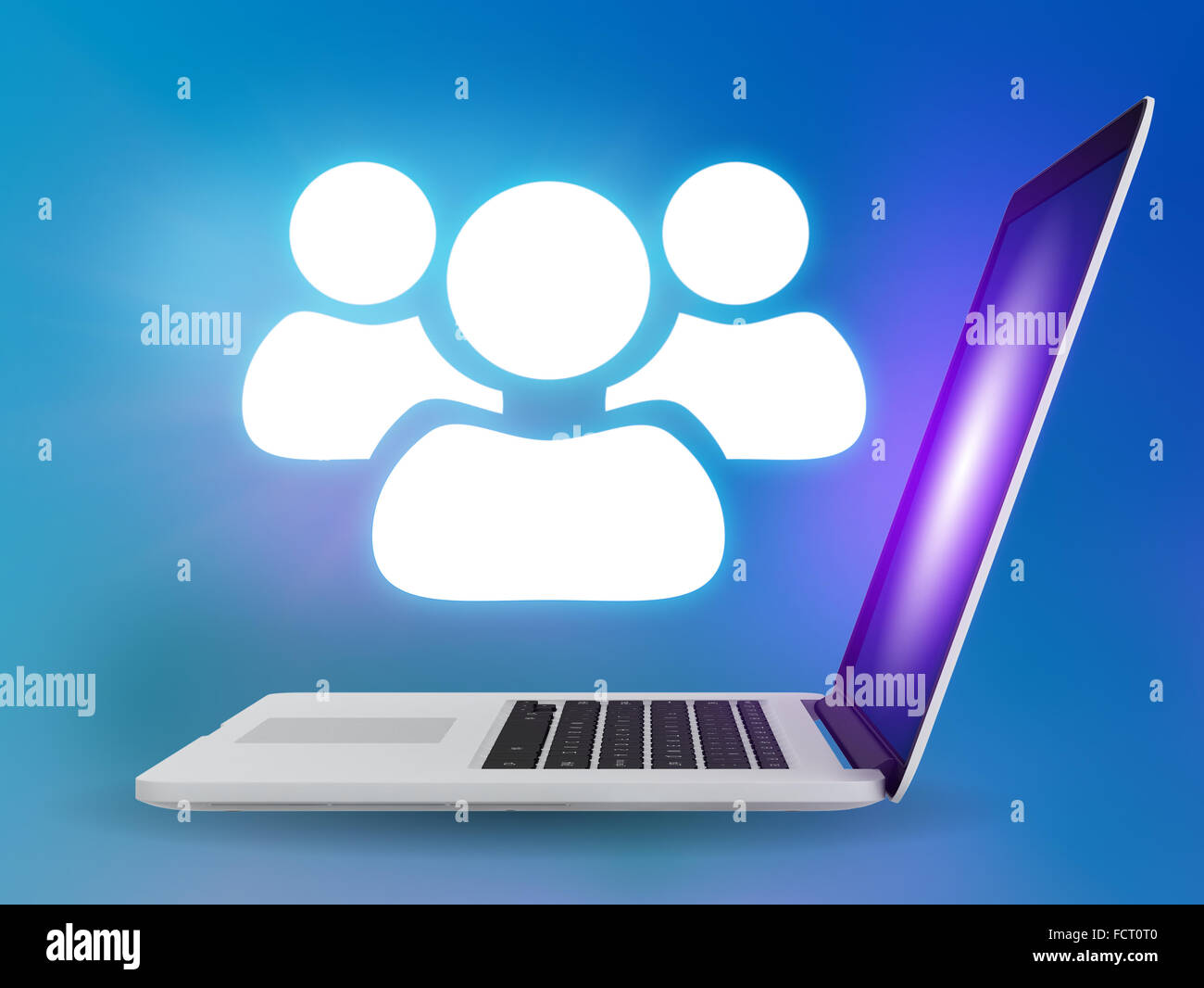 Laptop with team icon on a blue background Stock Photo - Alamy
