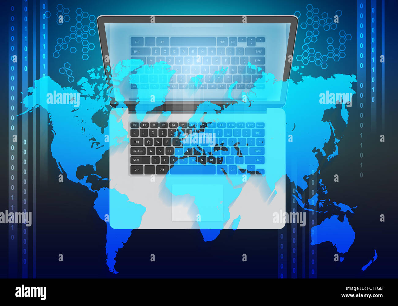 laptop with reflection in screen and map of the world Stock Photo - Alamy
