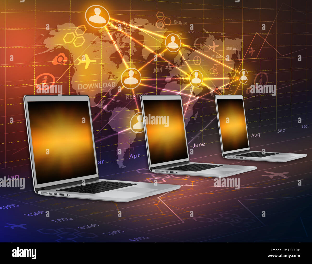 Computers on a background map of the world and people icons networked ...