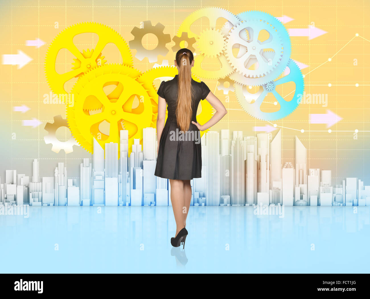 Business girl stands turned back and looks at skyscrapers with gear Stock Photo