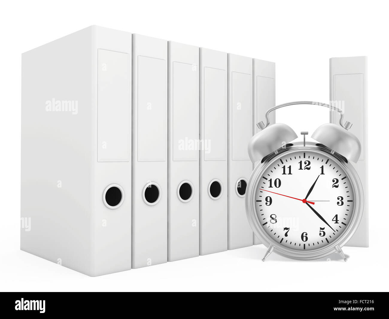 office blank folder with alarm clock in front white background