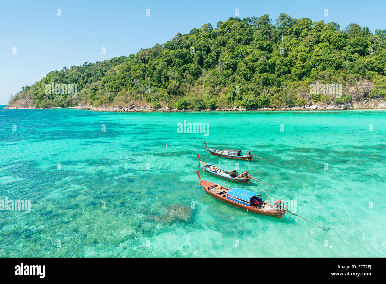 Summer, Travel, Vacation and Holiday concept - Tropical beach, longtail boats, Andaman Sea in Phuket, Thailand Stock Photo