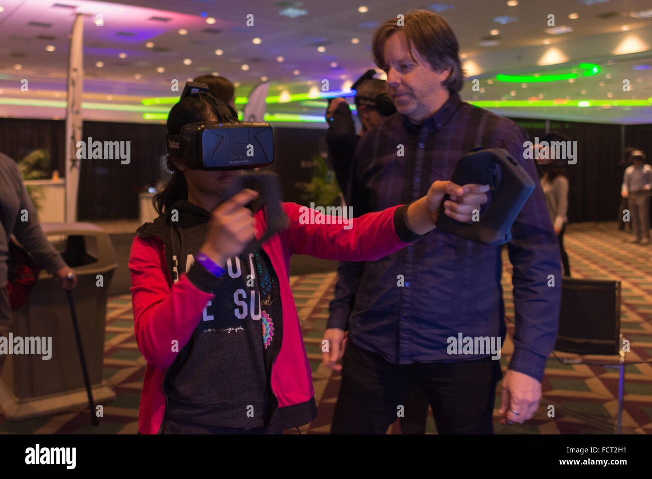 Los Angeles, USA January 23, 2016 Woman tries virtual reality