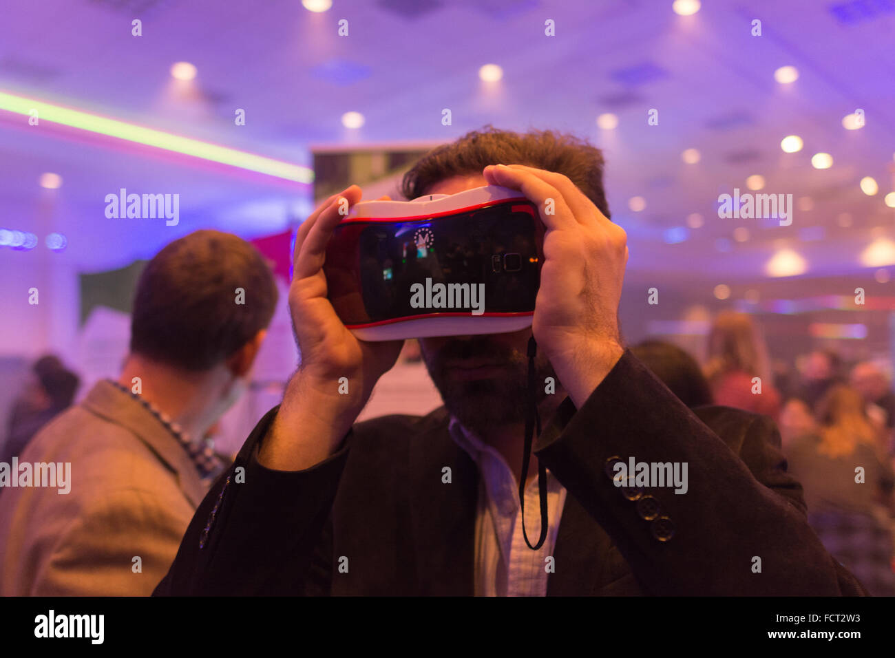 Los Angeles, USA January 23, 2016 Man tries virtual reality headset