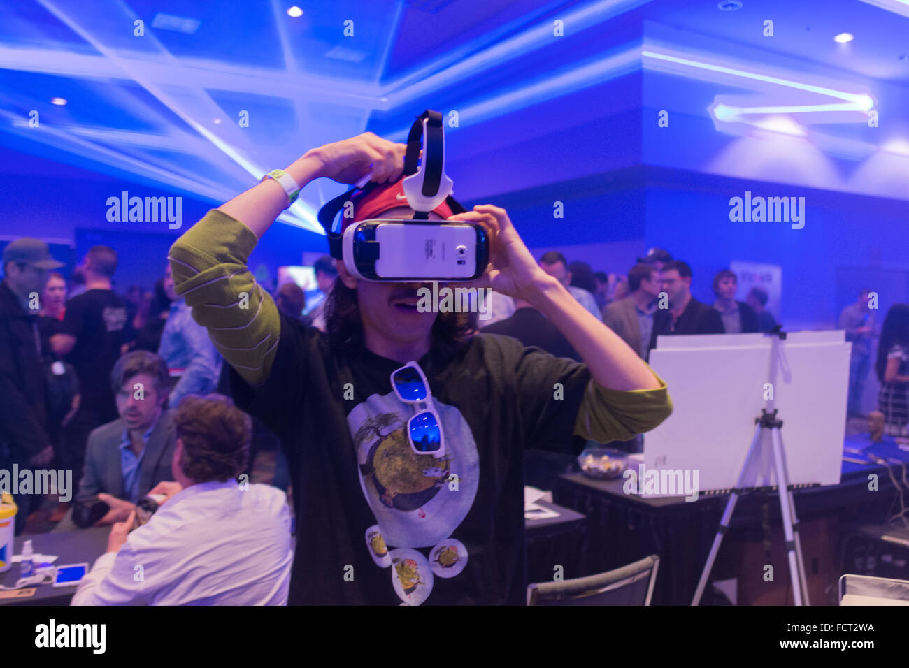 Los Angeles, USA January 23, 2016 Man tries virtual reality Samsung