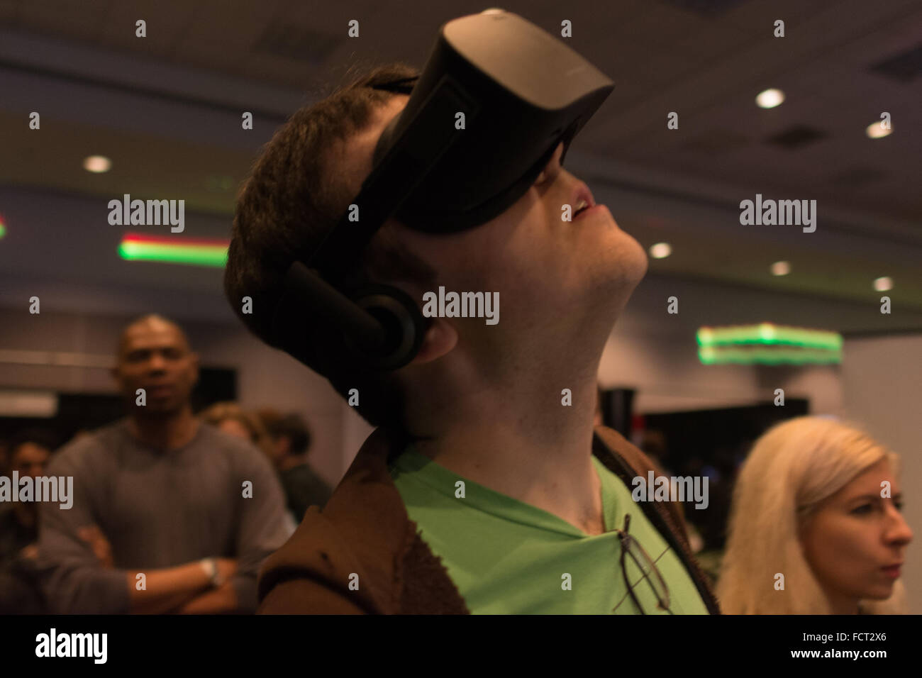 Los Angeles, USA January 23, 2016 Man tries virtual reality headset
