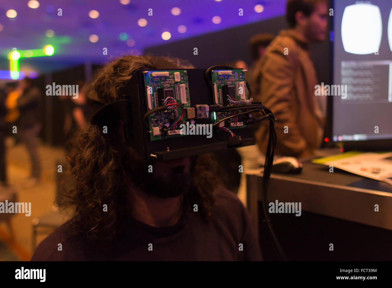 Los Angeles, USA January 23, 2016 Man tries virtual reality headset