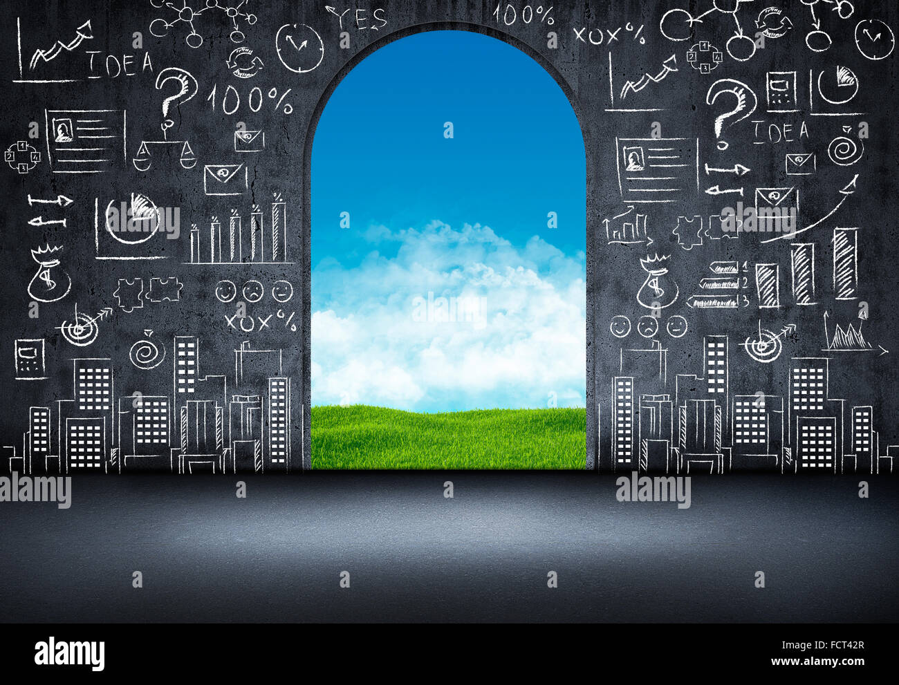 wall with chalk inscriptions and opening in the middle Stock Photo - Alamy