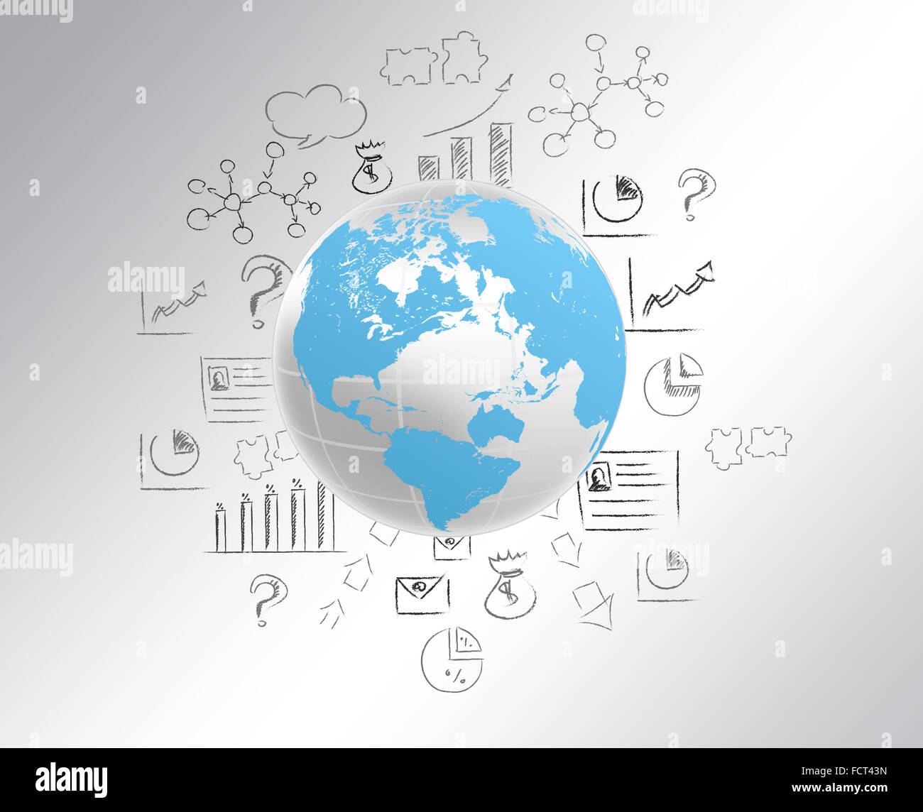 Globe with world map and draw a pencil icon Stock Photo - Alamy