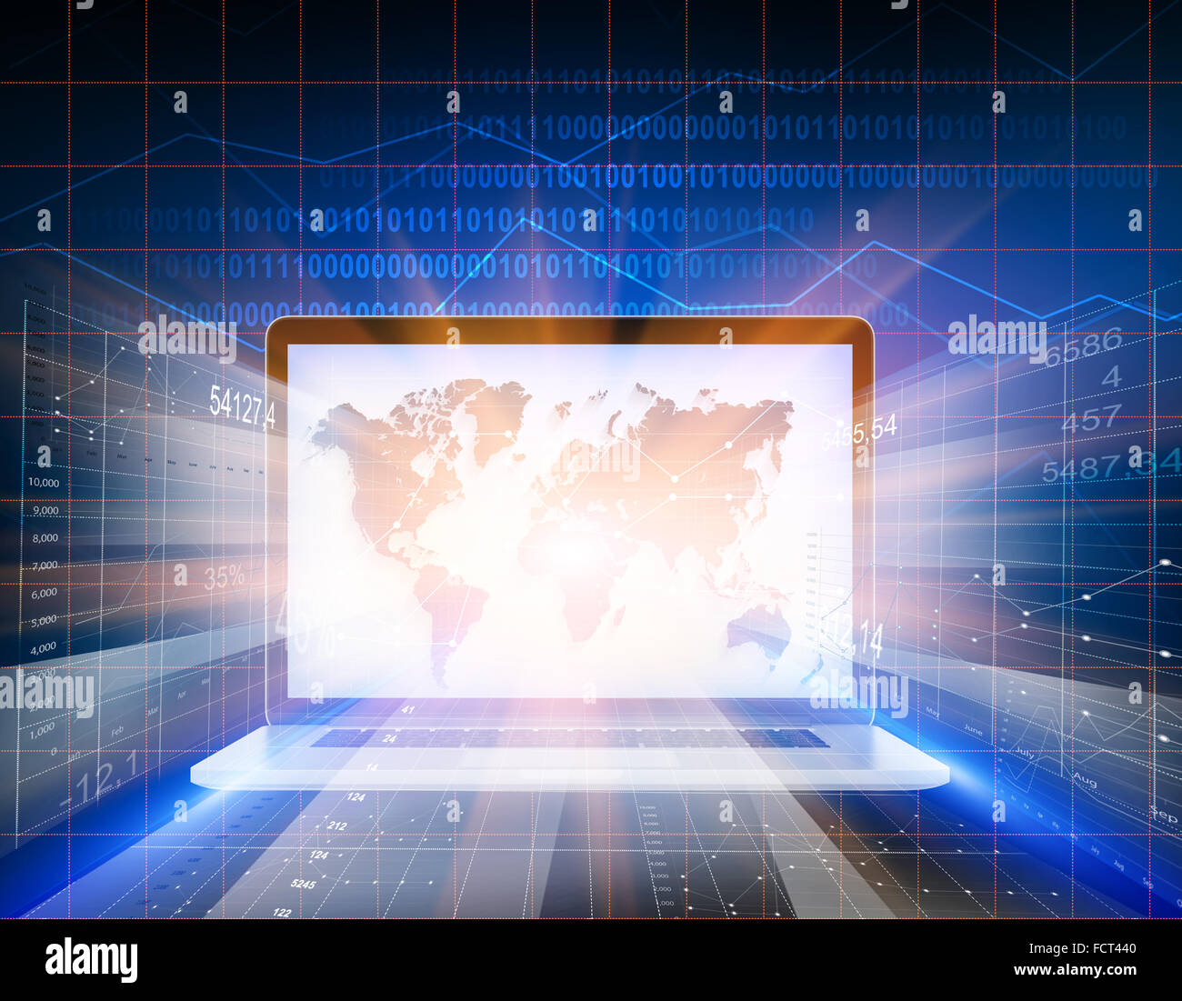 Laptop screen with the glowing rays of sun and graphs behind it. Stock Photo