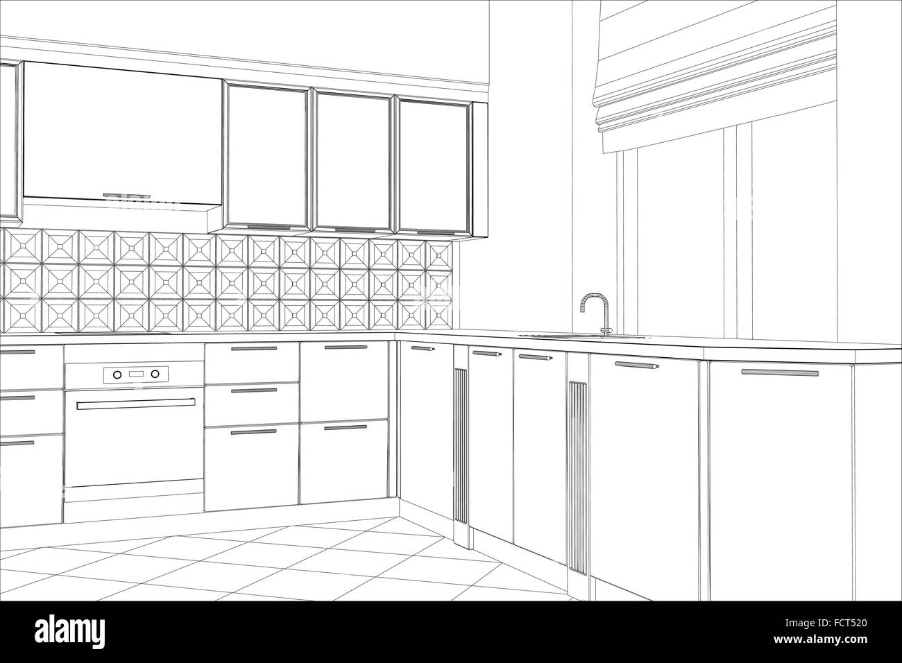 Abstract sketch design interior kitchen. Illustration created of 3d Stock Vector