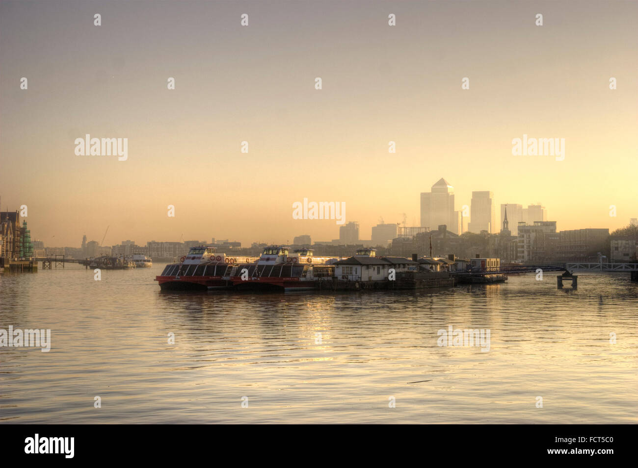 London Docklands Canary Wharf Panorama with River Thames and Boats and ...
