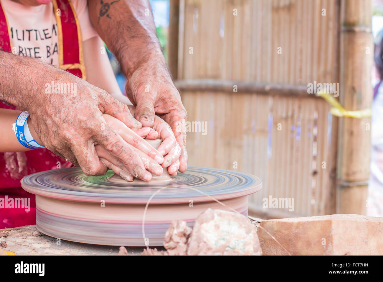 Teaching Practice using bending shapes clay pot. Stock Photo